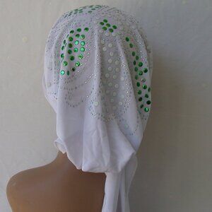 WHITE Pre-Tied Stud Chemo Cap Slip On Bonnet Hijab Undercap #6